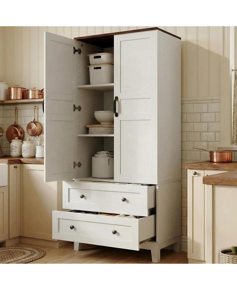 gaomon Farmhouse Kitchen Pantry Cabinet, Freestanding Storage Cabinet w/ 2 Adjustable Shelves, Wood Cupboard Pantry for Kitchen