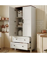 gaomon Farmhouse Kitchen Pantry Cabinet, Freestanding Storage Cabinet w/ 2 Adjustable Shelves, Wood Cupboard Pantry for Kitchen