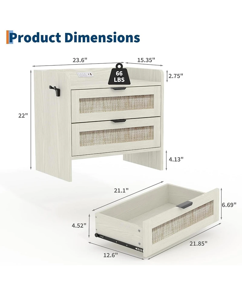 gaomon Set of 2 Boho Rattan Nightstands, Each Equipped with a Modern Type-c Charging Station and 2 Large Storage Drawers