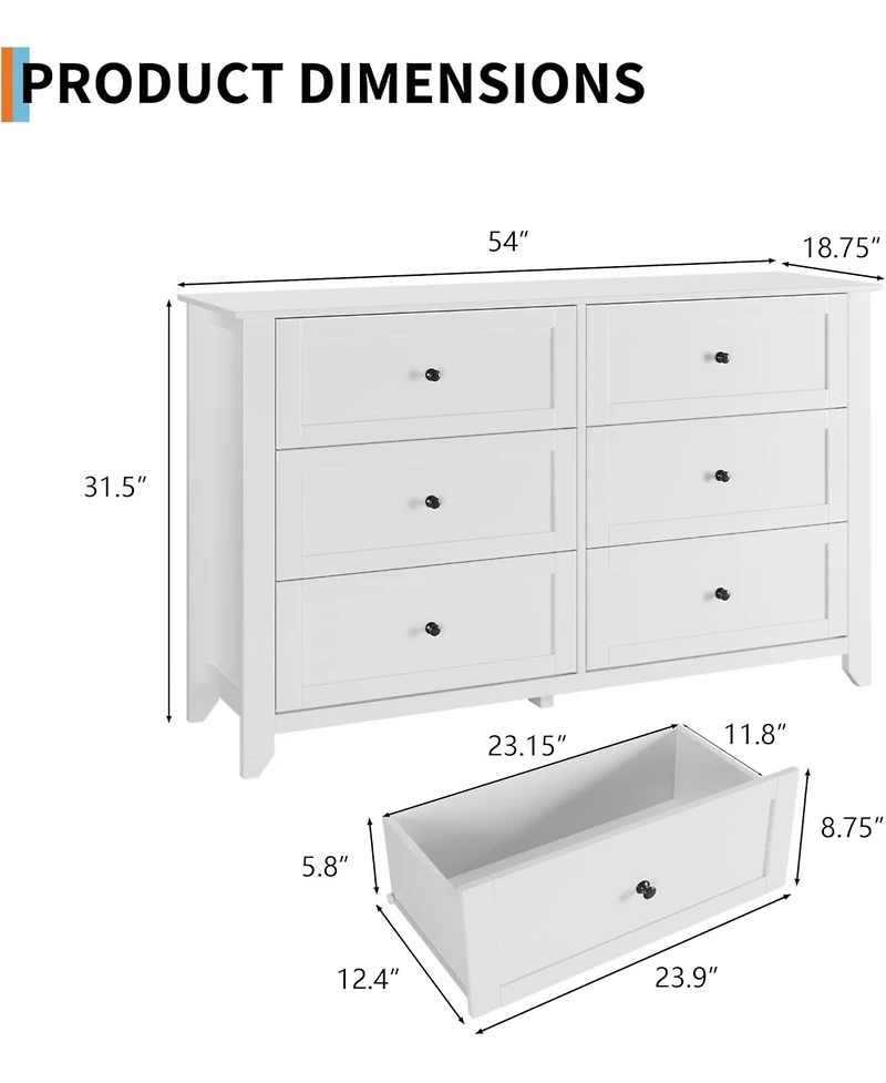 gaomon 6 Drawers Dresser for Bedroom, 54" W Modern Storage Chest of Drawers for Clothes, Storage Dressers Organizer with Deep Drawers for Living