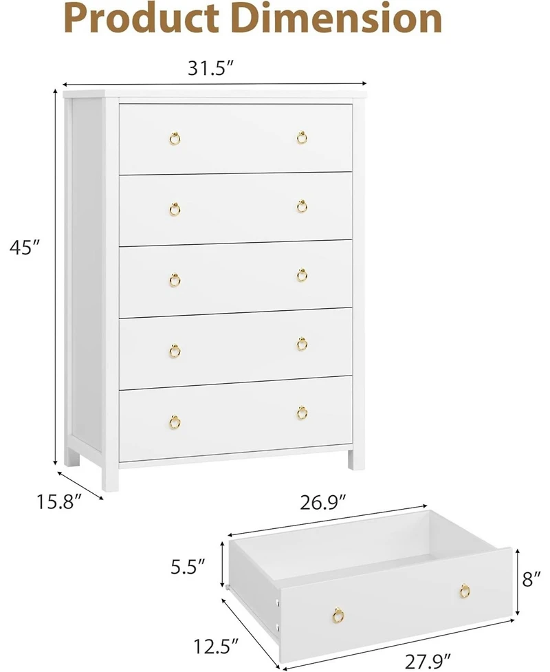 gaomon Dresser for Bedroom with 5 Drawers, 45'' Tall Chest of Large Drawers with Large Clothes Storage Cabinet, Wood Dresser