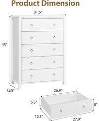gaomon Dresser for Bedroom with 5 Drawers, 45'' Tall Chest of Large Drawers with Large Clothes Storage Cabinet, Wood Dresser