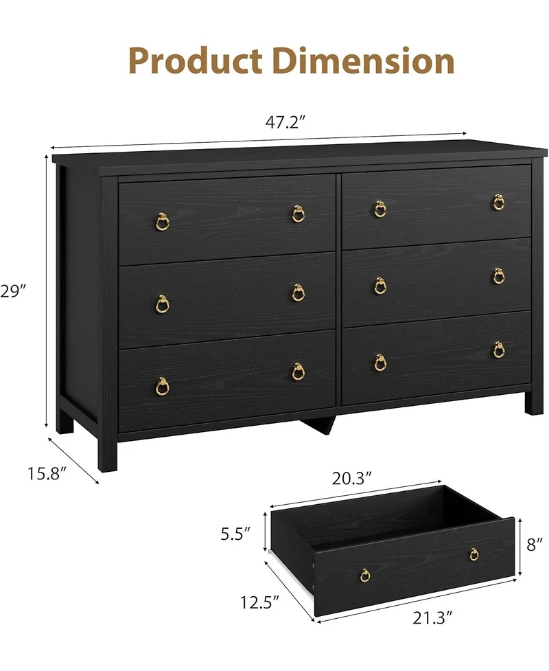 gaomon Dresser for Bedroom with 6 Drawers, 47'' Wide Chest of Large Drawers with Large Clothes Storage Cabinet, Wood Dresser, Tv Stand for Bedroom