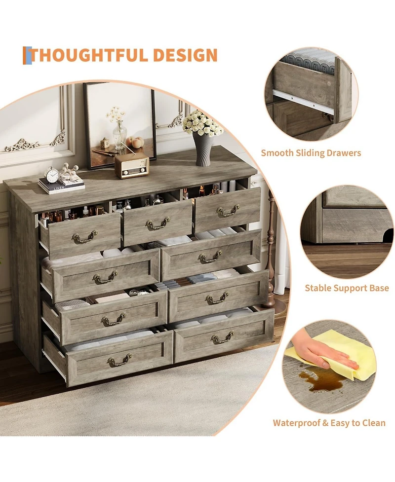 gaomon 9 Drawer Dresser for Bedroom 47 Wide Dressers Wood Vintage Chest of Drawers with Natural Texture and Gold Floral Handles, Farmhouse