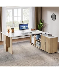 Tribesigns Large Executive Desk, 74.8 Inch L Shaped Computer Desk with Shelves and Cpu Storage, Modern Workstation Set, White and Wood