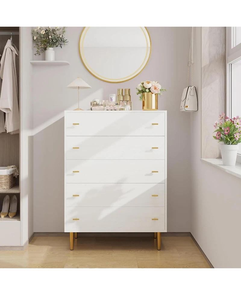 gaomon 44" Tall Farmhouse 5-Drawer Dresser, Rustic Chest with Bar Handles