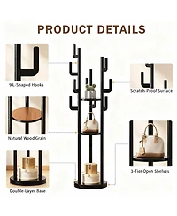 Yigii Rotating Solid Wood Coat Rack - 9 Hooks, 3 Shelves, Multi-Use