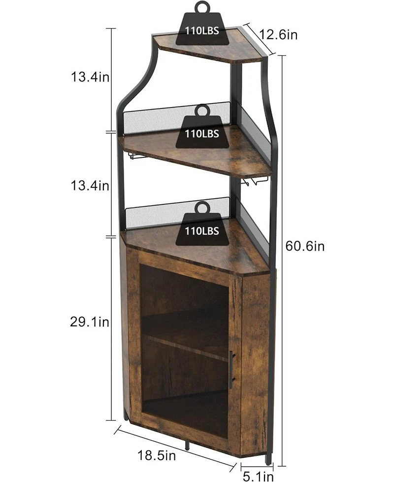 Gaomon Brown Wooden Farmhouse Wine Bar Corner Cabinet with Detachable Rack, Mesh Door, Glass Rack, and Storage