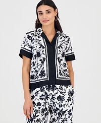I.n.c. International Concepts Petite Linen-Blend Printed Short-Sleeve Button-Up Shirt, Macy's Exclusive