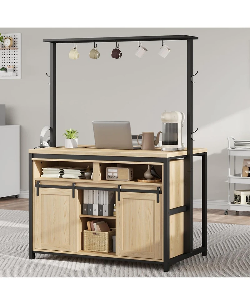 gaomon 42" Rustic Wood Kitchen Island with Power Outlet, Sliding Barn Door Coffee Bar, 9 Hooks