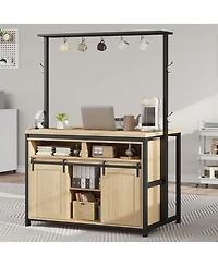 gaomon 42" Rustic Wood Kitchen Island with Power Outlet, Sliding Barn Door Coffee Bar, 9 Hooks