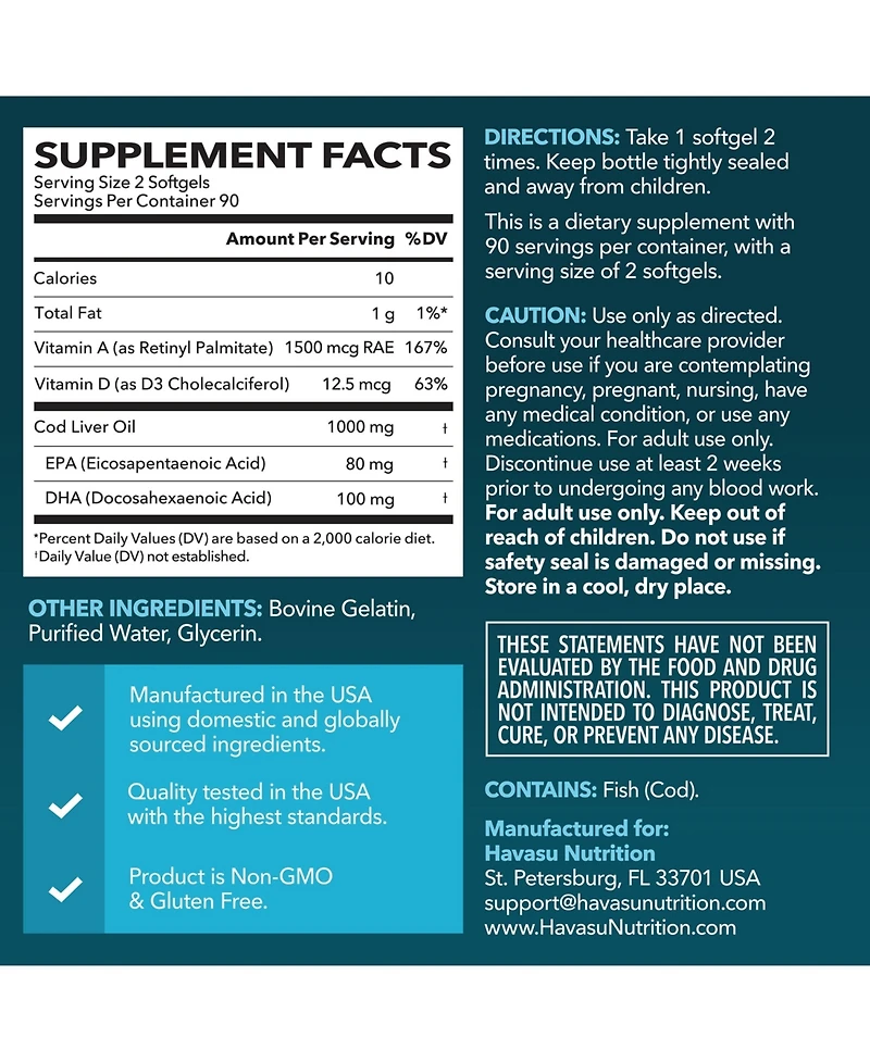 Havasu Nutrition Cod Liver Oil Softgels | Omega 3 Epa and Dha Fish Oil 1000mg with Vitamins A and D3 | 180 Count