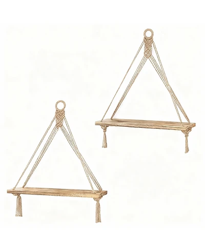 Yigii Boho Macrame Hanging Shelves Set of 2 – Rustic Wood Wall Decor for Minimalist Homes