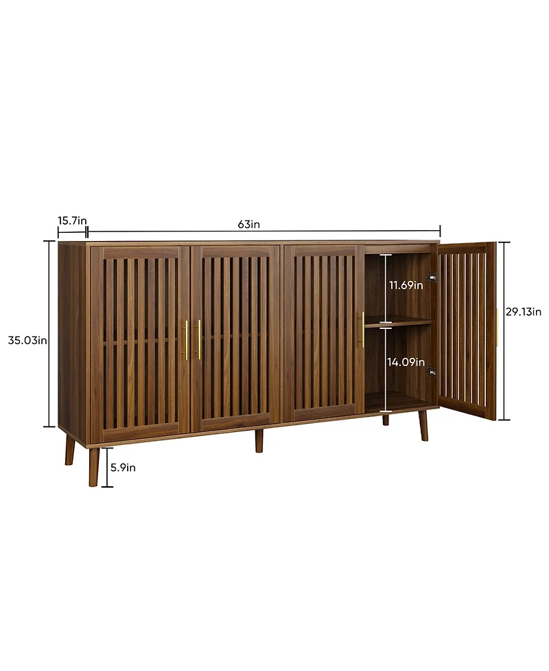Clihome 63" Walnut Sideboard Buffet Cabinet With Storage, 4 Doors Sideboard Accent Cabinet