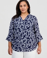Jones New York Plus Printed Y-Neck 3/4-Sleeve Top