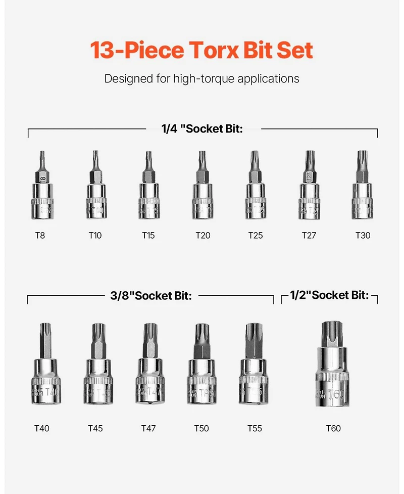 Sugifit 13-Piece Torx Bit Socket Set with T8-T60 Sizes & Secure Storage