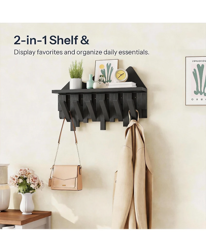 Yigii Bamboo Wall Coat Rack with 6 Hooks & Shelf for Hats
