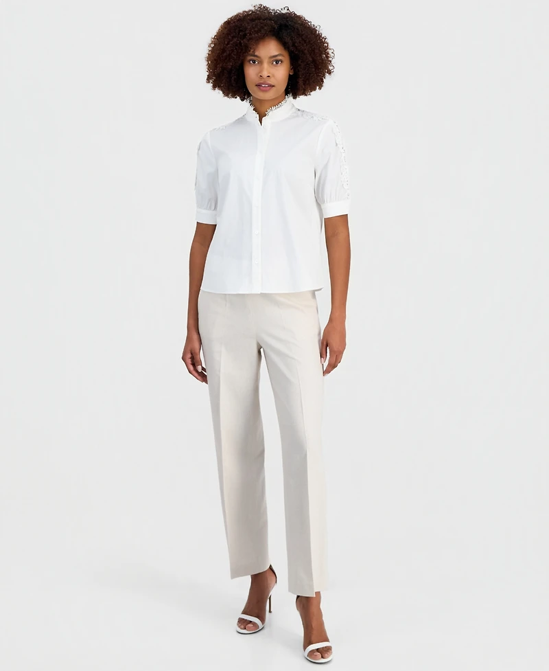 T Tahari Women's Mandarin-Collar Lace-Trim Blouse