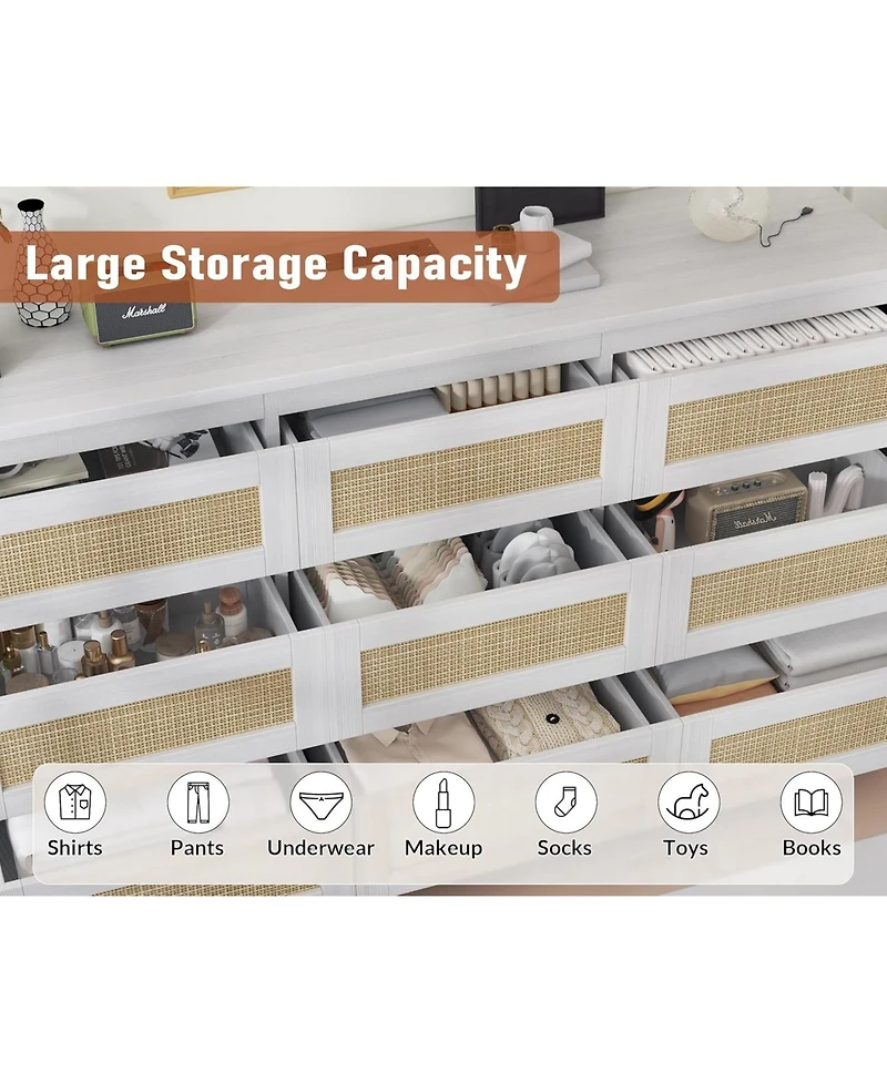 gaomon Rattan 9 Drawer Dresser with Charging Station, Farmhouse Chest of Drawers, Wide Closet Dresser Storage Organizer for Bedroom, Living Room