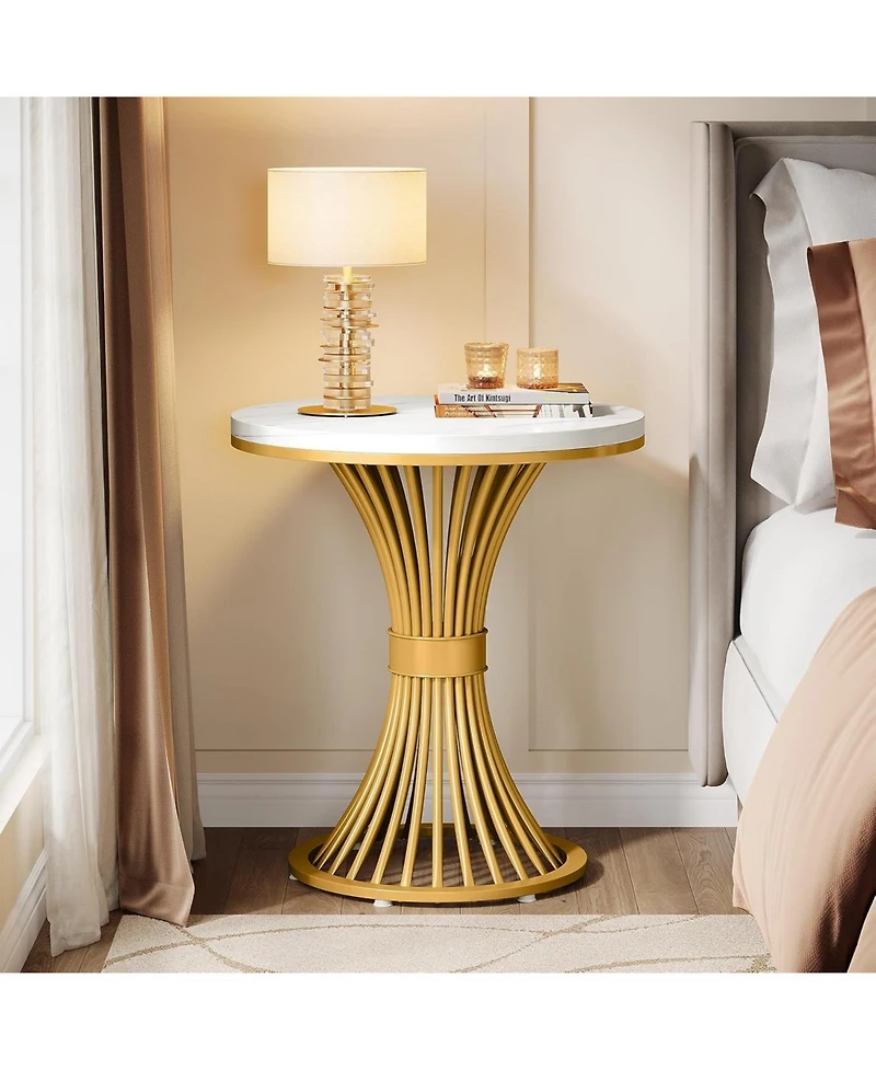 Tribesigns Round End Table Set of 2, Modern Faux Marble Side Table with Gold Metal Base, Small Bedside Nightstand, Wooden Accent Table