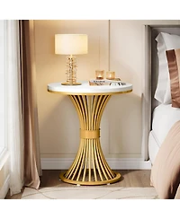 Tribesigns Round End Table Set of 2, Modern Faux Marble Side Table with Gold Metal Base, Small Bedside Nightstand, Wooden Accent Table