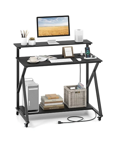 Mecale Rolling Computer Desk with Charging Station and Monitor Shelf, Home Office Storage Desk