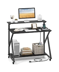 Mecale Rolling Computer Desk with Charging Station and Monitor Shelf, Home Office Storage Desk