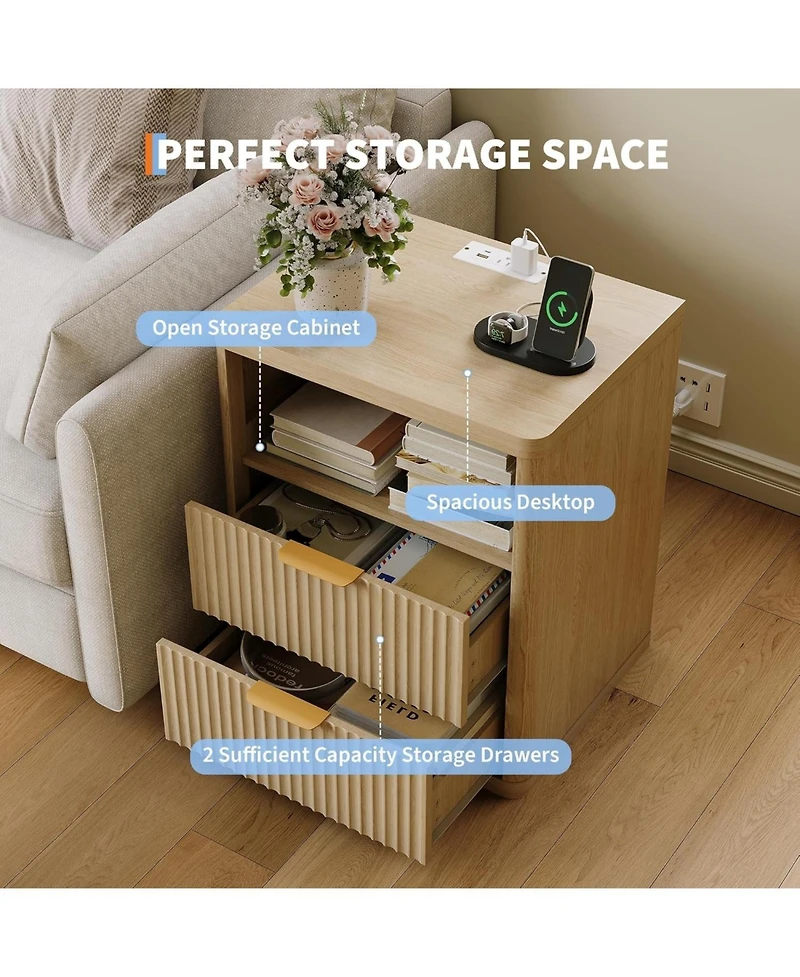 gaomon Bedside Table Nightstand with Bedside Storage, Bedroom Side Table and Organizer, Functional and Fluted Nightstand, for Bedroom, Living Room
