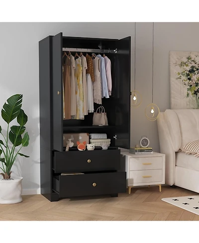 gaomon 71" Armoire Wardrobe Closet with 2 Drawers & Doors, Adjustable Shelves, Hanging Rod, Modern Bedroom Storage Cabinet