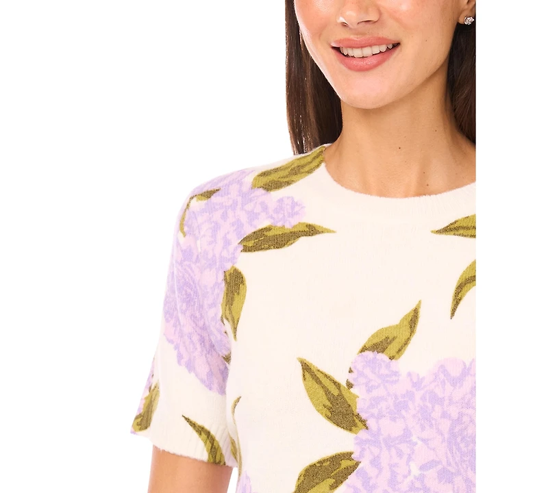 CeCe Women's Short-Sleeve Floral Crewneck Sweater
