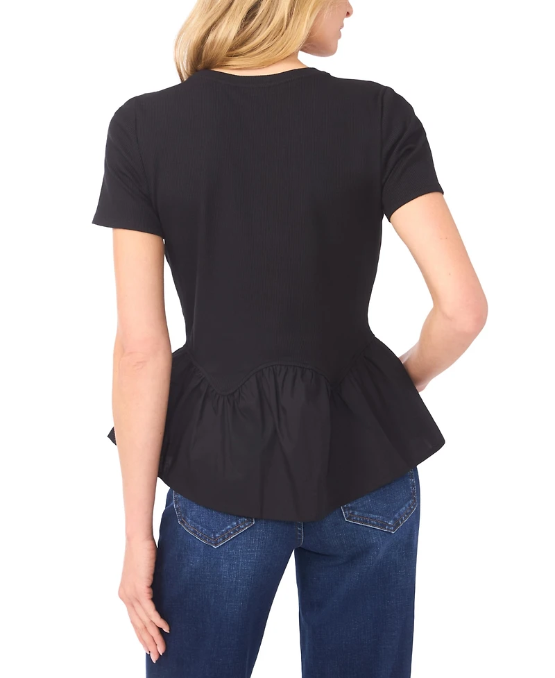 CeCe Women's Crew Neck Poplin Peplum Top