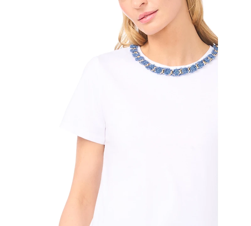CeCe Women's Denim Chain Crew Neck Trim T-Shirt
