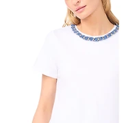 CeCe Women's Denim Chain Crew Neck Trim T-Shirt