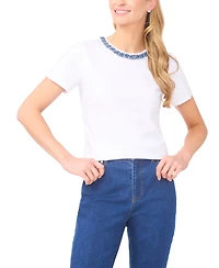 CeCe Women's Denim Chain Crew Neck Trim T-Shirt