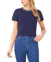 CeCe Women's Denim Chain Crew Neck Trim T-Shirt