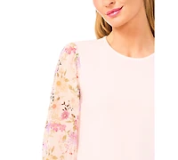 CeCe Women's Mixed Media Crew Neck Top