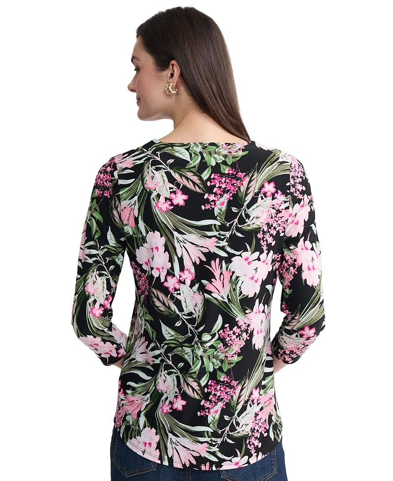 Jones New York Women's Printed 3/4 Sleeve Boat Neck Blouse