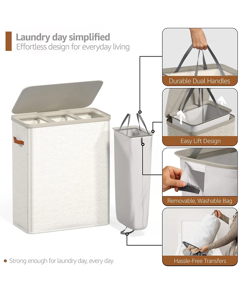 Sorbus 3-Compartment Laundry Basket with Removable Bag - Durable Organizer for Bathroom, Bedroom, or Room Space Saving Design
