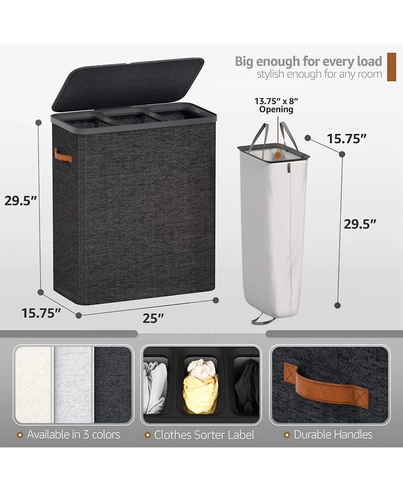 Sorbus 3-Compartment Laundry Basket with Removable Bag - Durable Organizer for Bathroom, Bedroom, or Room Space Saving Design