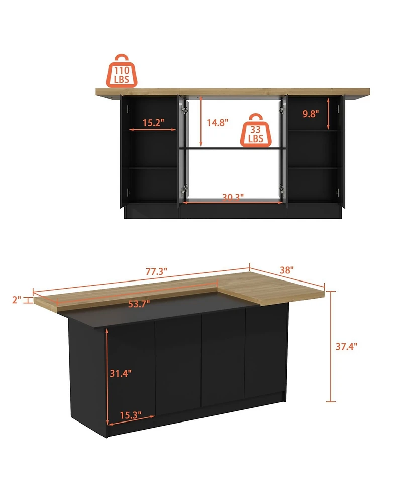 Kitchen island with 8 doors, island storage table with dining table, coffee station and microwave rack for home, dining room