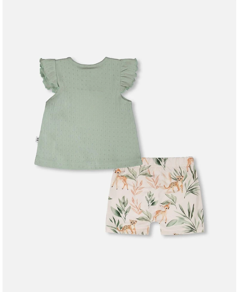 Deux par Baby Girls Pointelle Top and Cotton Jersey Short Set Green Peach Deer Print