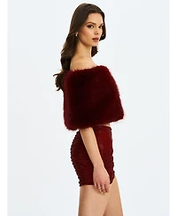 Miss Circle Women's Darla Burgundy Faux Fur Off-Shoulder Cropped Top