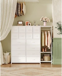 gaomon Tall Dresser for Bedroom, Fabric Dressers with 16 Drawers & Clothes Rack & 2 Storage Shelves, Pu Closet Dresser with Hanging Space