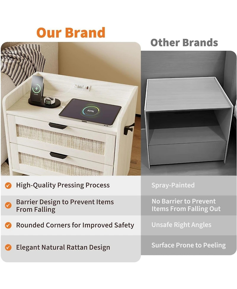 gaomon Boho Rattan Bedside Table with Type-c Charging Station