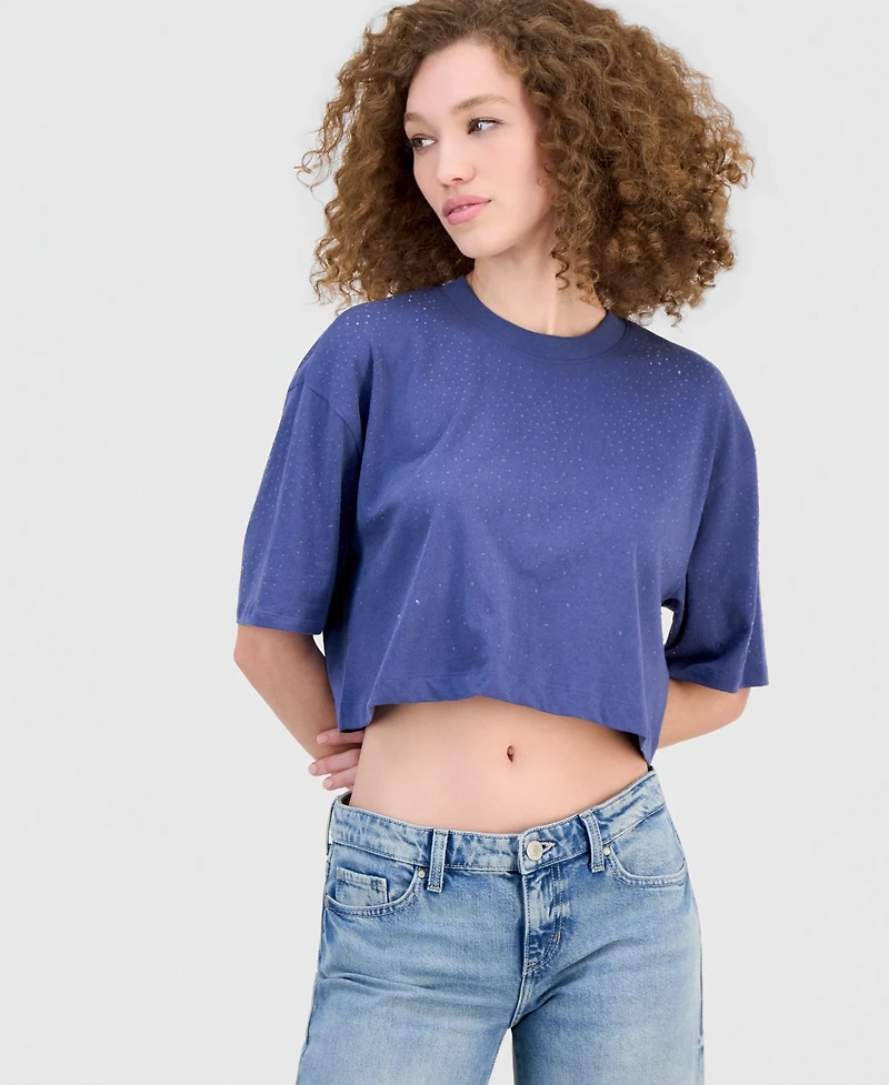 Guess Women's Rhinestone Embellished Crewneck Cropped T-Shirt