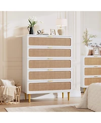 gaomon Rattan 5 Drawer Dresser for Bedroom, Chest of Drawers with Deep Drawers, Large Double Dresser for Closet with Wide Top