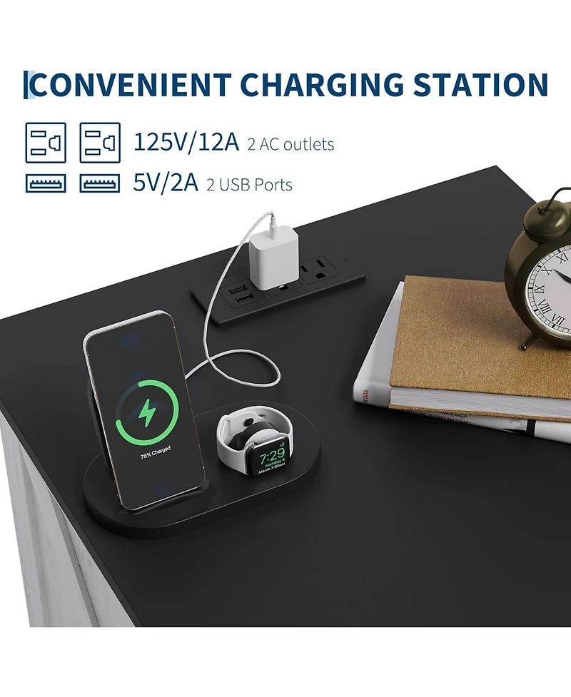 gaomon Farmhouse Nightstand with Charging Station, Large Rustic Bedside Table with 2 Drawers & Open Shelf, Usb Ports & Ac Outlets for Bedroom