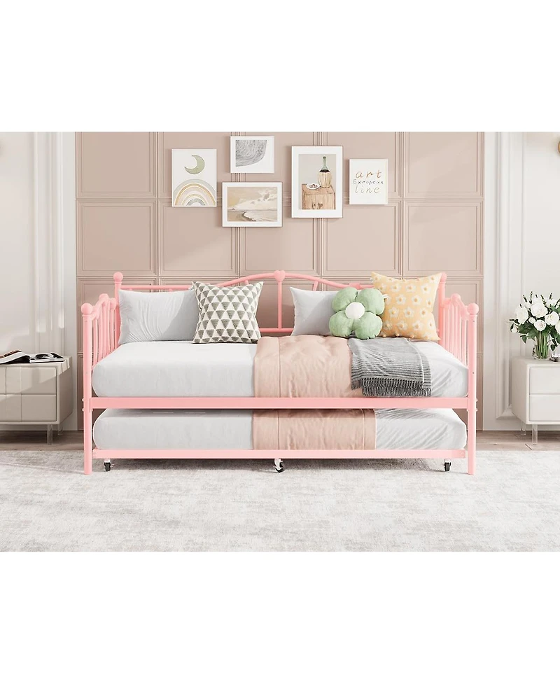 gaomon Twin Daybed with Trundle, Metal Sofa Bed Frame with Steel Slat Support, Twin Size Space-Saving Furniture for Living Room, Bedroom