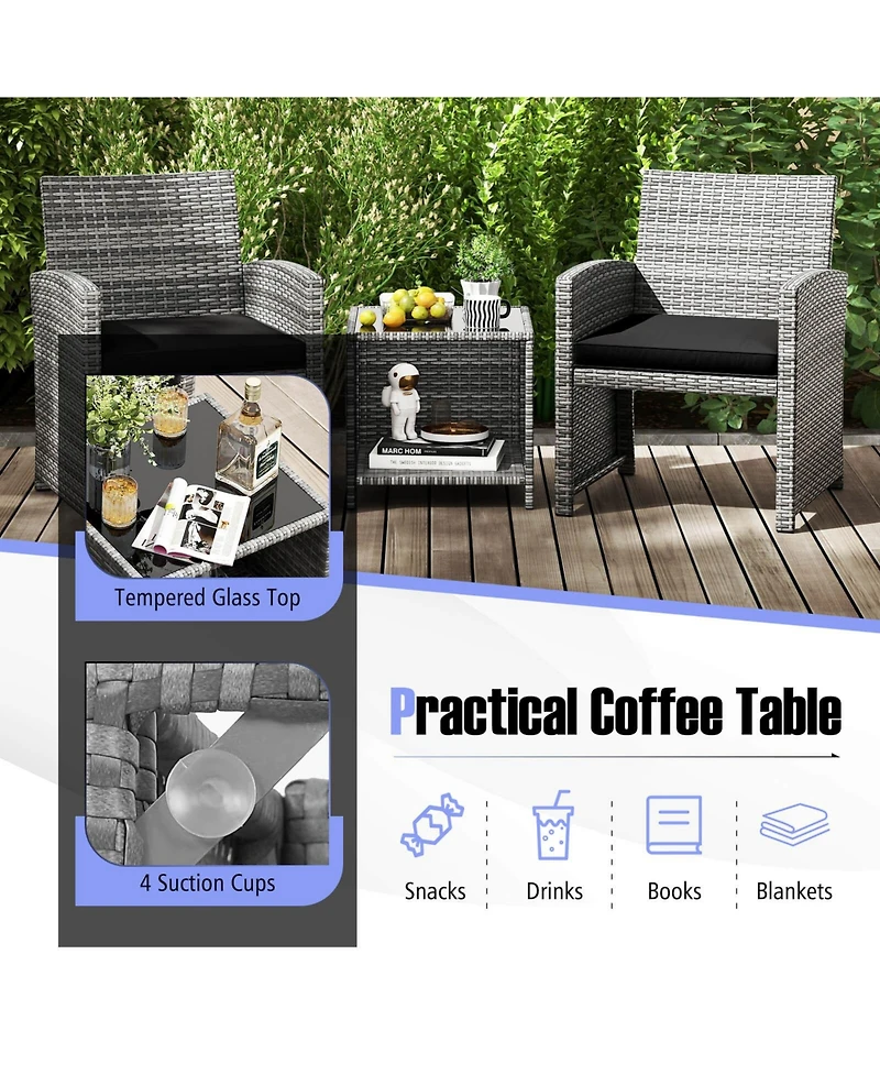 Costway 3 Pcs Patio Furniture Set with Tempered Glass Coffee Table & Soft Seat Cushions
