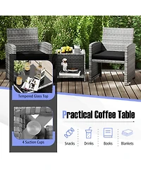Costway 3 Pcs Patio Furniture Set with Tempered Glass Coffee Table & Soft Seat Cushions